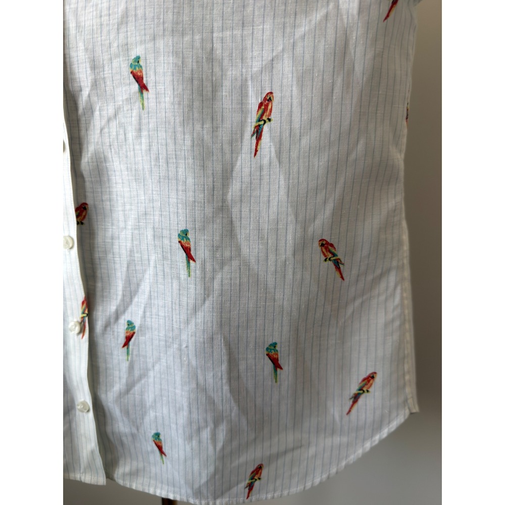Chicos No Iron Linen Shirt Womens 2 (L) White Blue Pinstripe Parrot Embroidery - Picture 6 of 14
